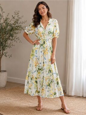 Morgan Taylor White Maxi Dress with Yellow & Green Floral Print